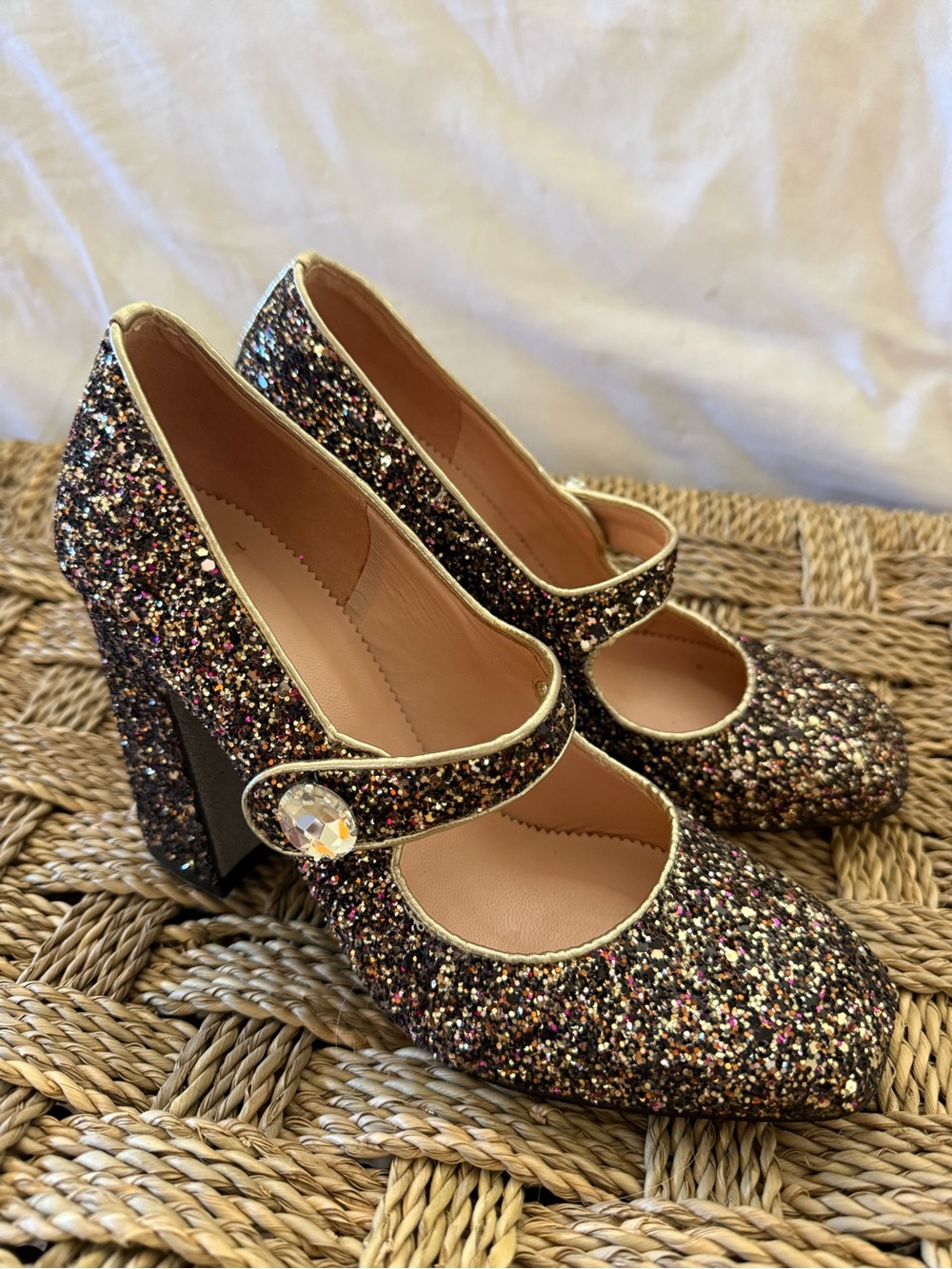 J. Crew Glitter Multi-Tone Mary Jane Block Heels